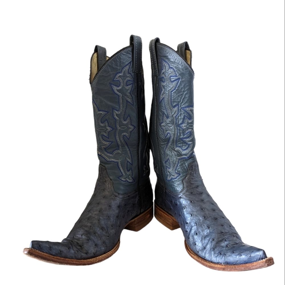 Vintage Blue Ostrich Leather Pointy Toe Cowboy Western Boots Size 6.5 D - Picture 3 of 9